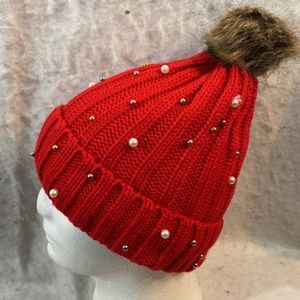 Warm And Snug Red Knit Pearl And Beaded Beanie